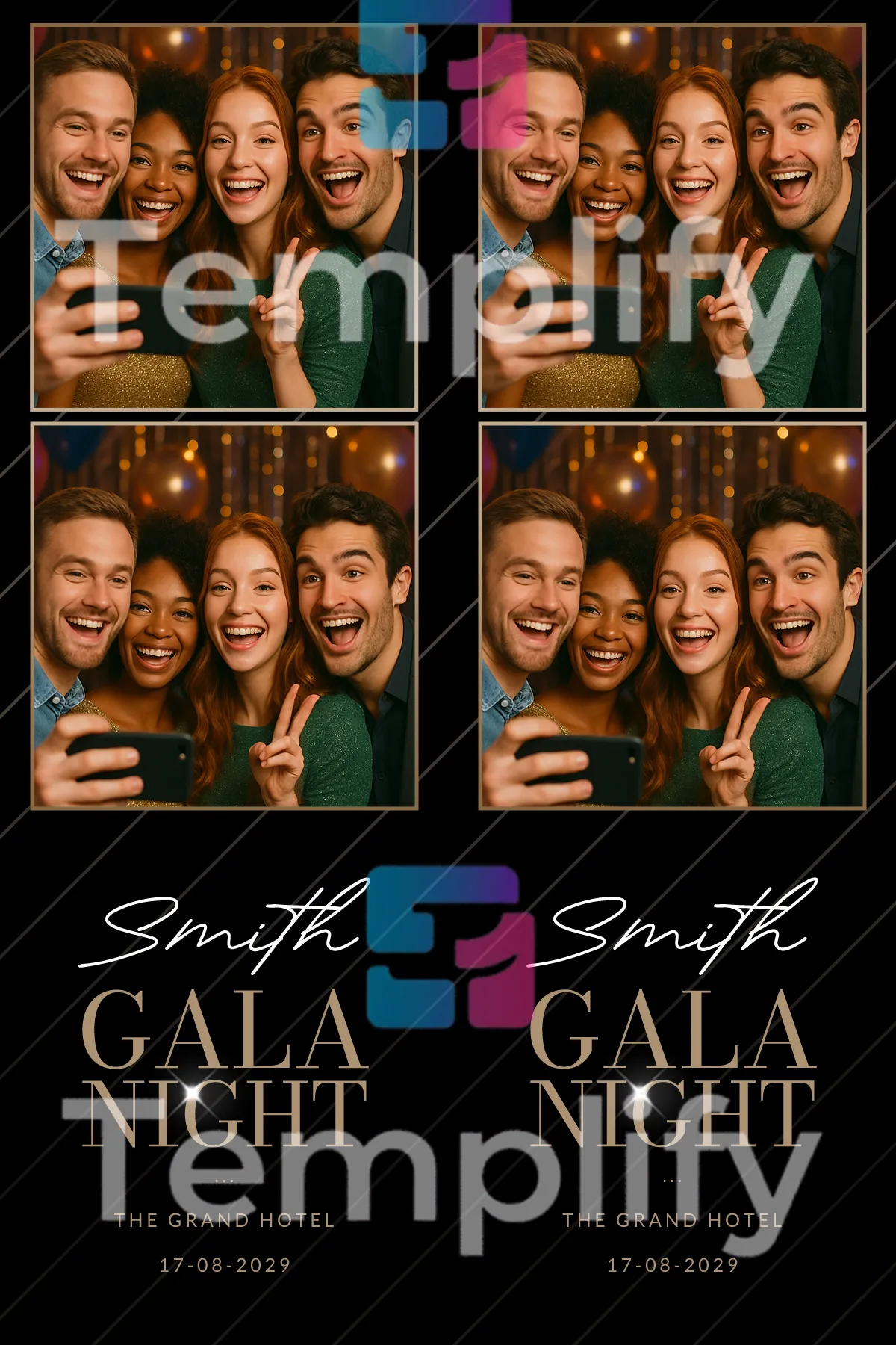 Black gold gala night party photo booth template